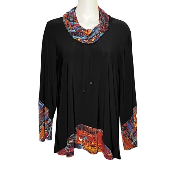 Ali Miles Slinky Black Tunic Top Size Large Colorful Trim Cowl Neck Lagenlook - Picture 1 of 9